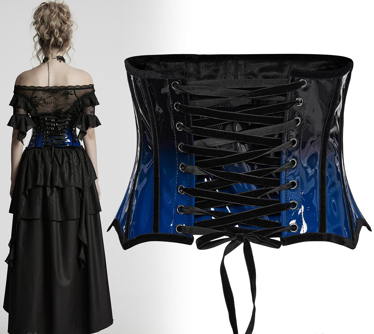 Lack-Unterbrustcorsage, schwarz/blau – Bild 3