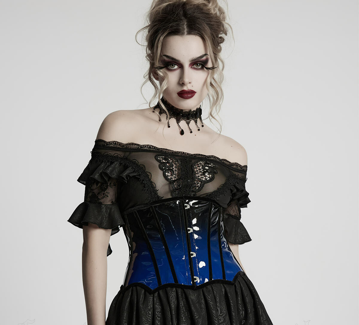 Lack-Unterbrustcorsage, schwarz/blau – Bild 2